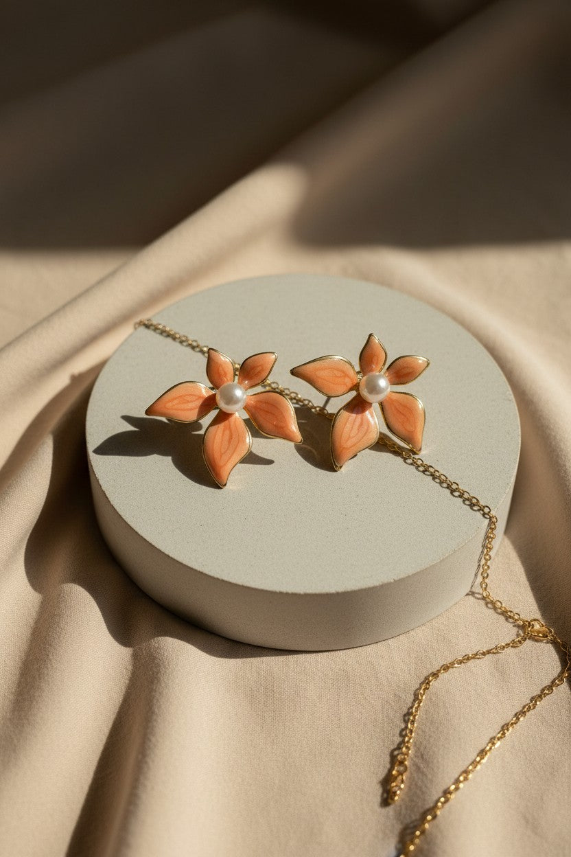 Mint Blossom Enamel Pearl Stud Earrings