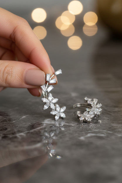 Silver Plated Cubic Zirconia Floral Ear Cuff Climber Earrings for Women