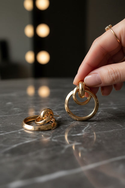 Gold Plated Double Ring Drop Hoop Earrings for Women