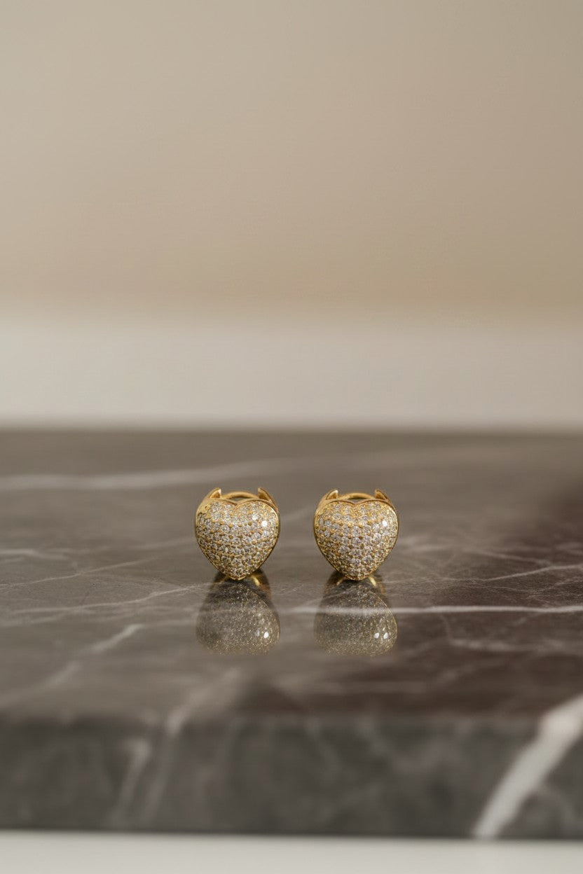 Gold Plated Micro Pave Cubic Zirconia Heart Stud Earrings for Women