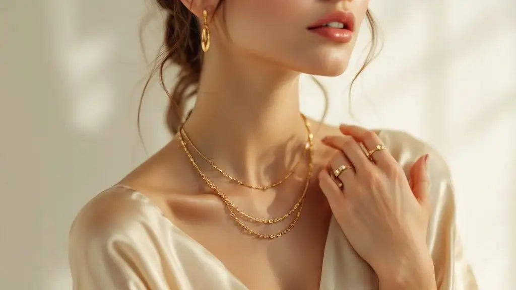 Elegant gold layered necklaces, hoop earrings, and rings styled on model — minimalist Korean-inspired jewelry