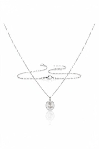 Ownline Galleria sterling silver necklace with oval rose pendant. Delicate engraving, polished finish, fine chain.