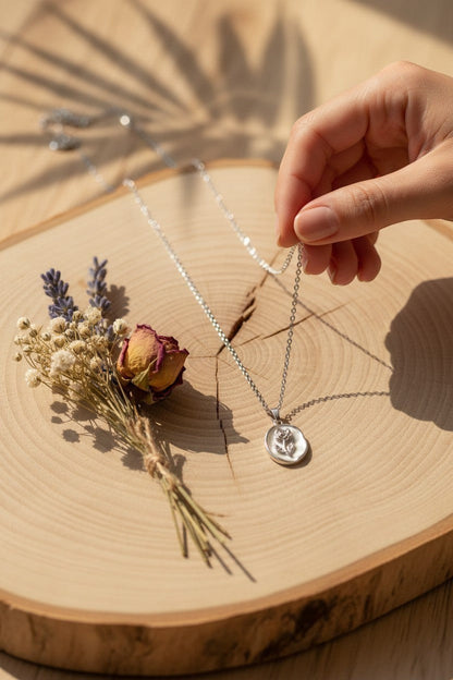 Ownline Galleria sterling silver oval pendant necklace with rose engraving, delicate chain, polished finish.